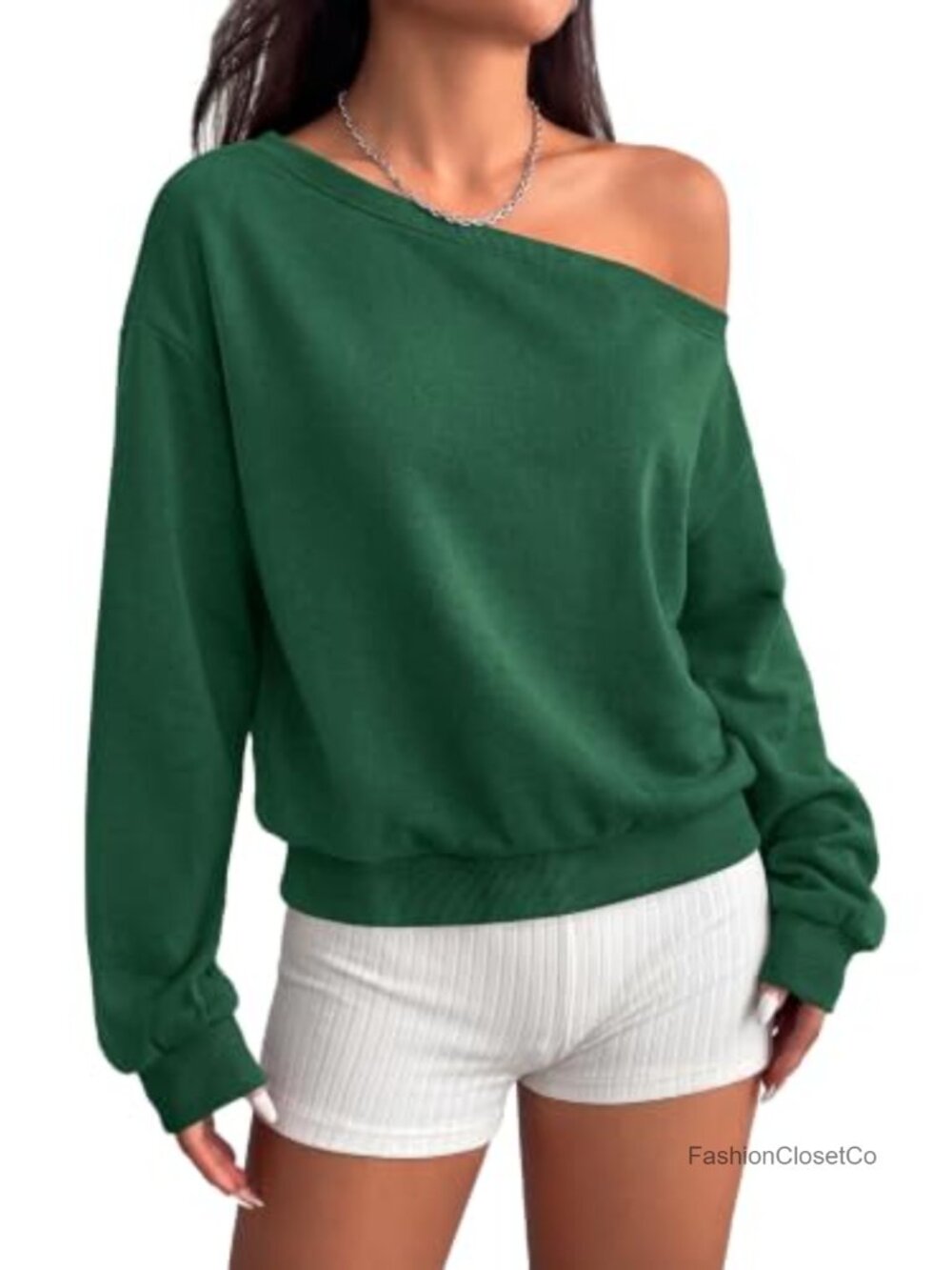 Off Shoulder Fleece Sweatshirt Relaxed Fit Pullover Winter Top